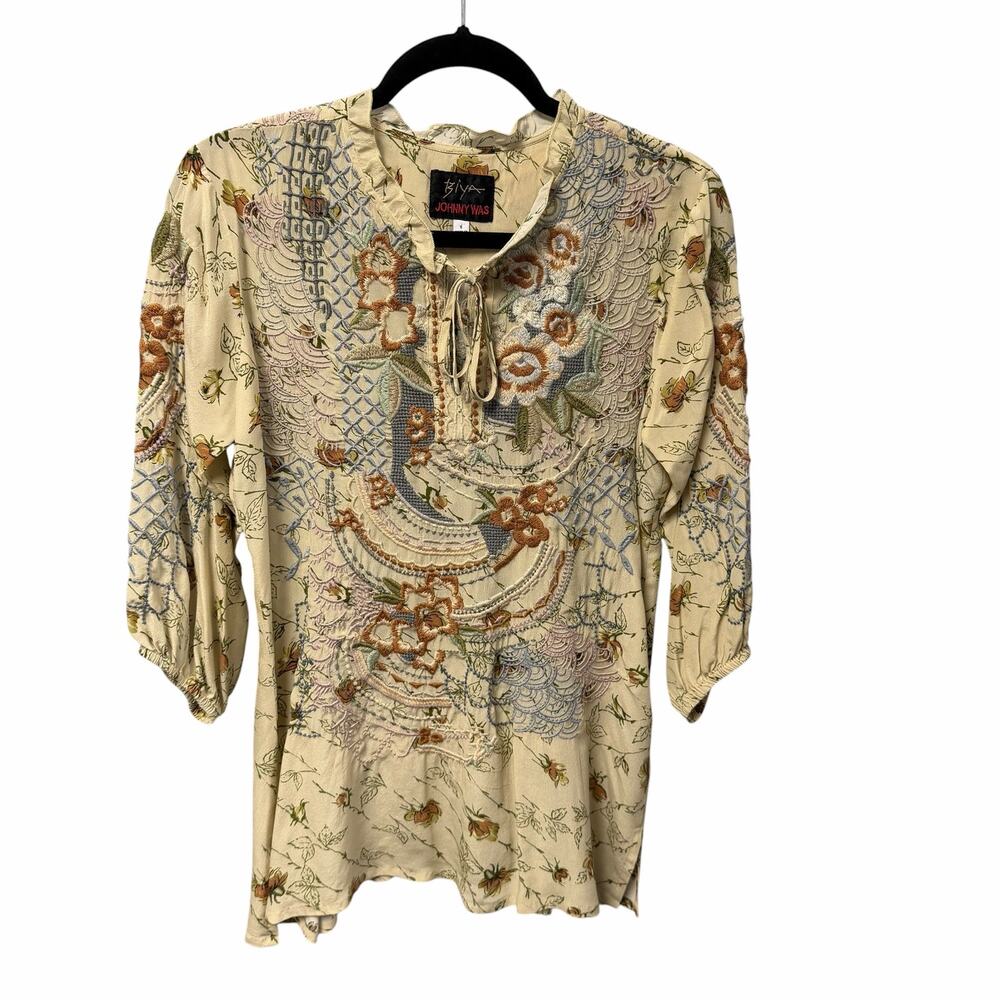 Biya Johnny Was Silk Embroidered Tie Neck Top Cream Neutral Boho Flowy Small